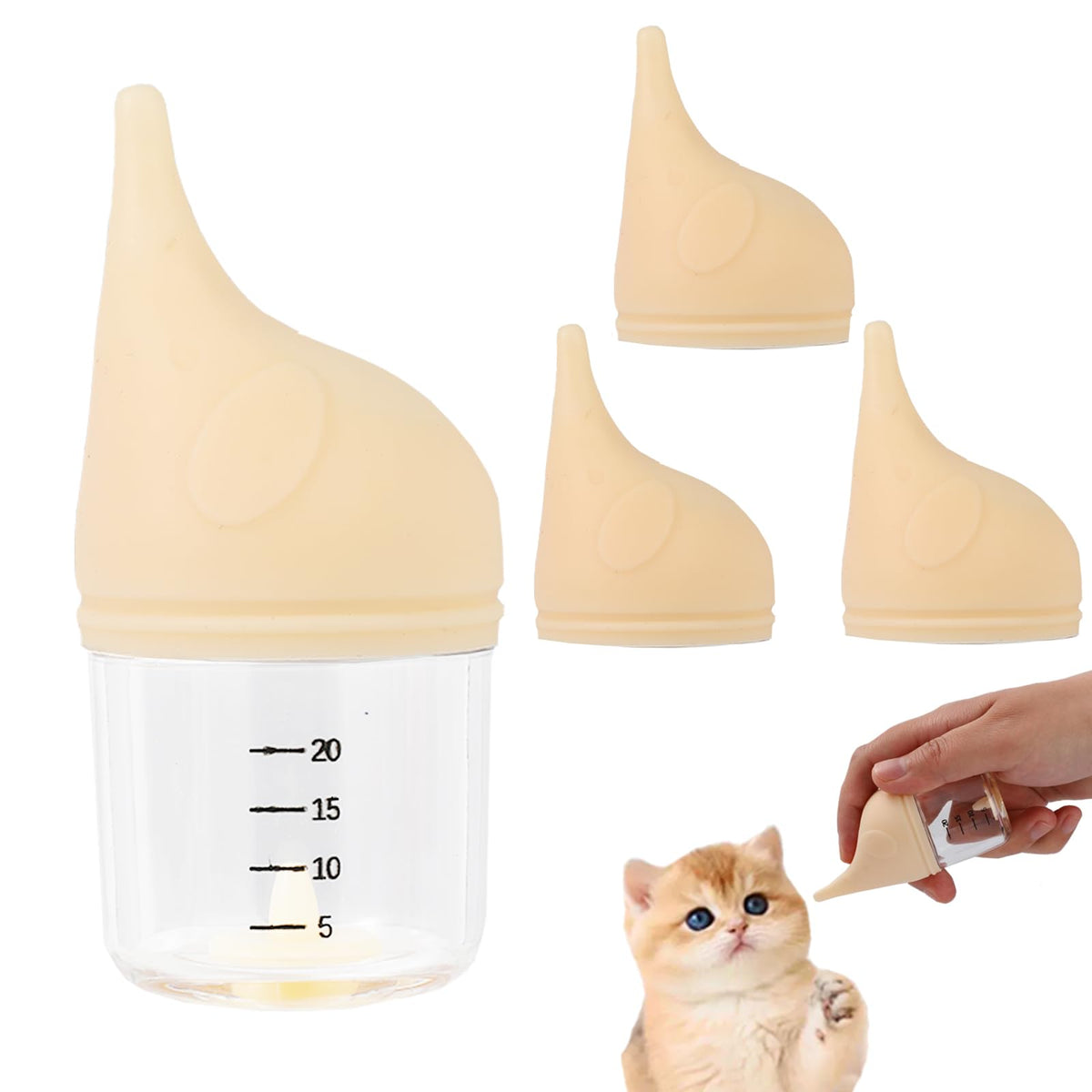 Kitten Bottle Feeding Kit for Nursing Milk Bottles for Feeding Newborn PuppiesAnti-chocking Design with 3pcs Replaceable Nipples Cute Elephant Shape for Nursing Small Animals Pets (Yellow 20ML)