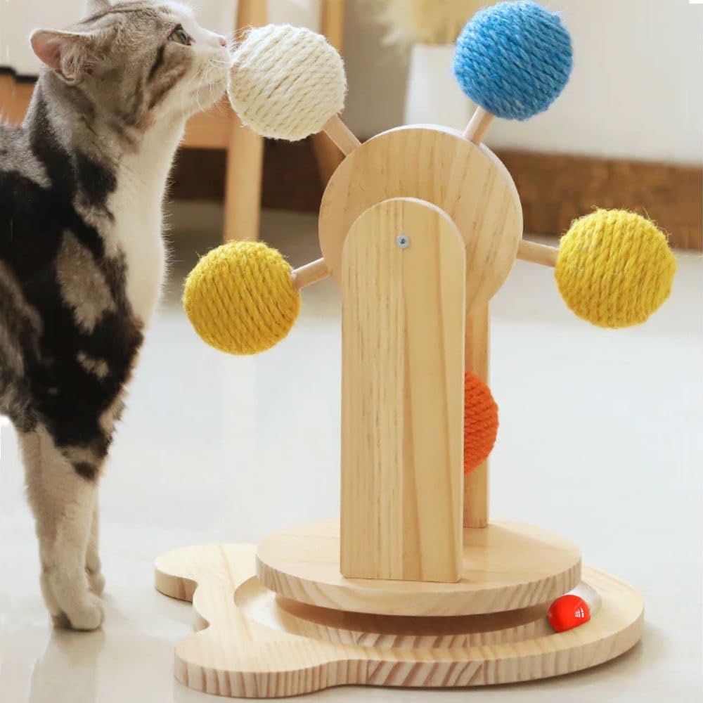 xxhepzw Solid Wood Turntable ToyBall Track Interactive cat Toy with Colourful Sisal BallsFerris Wheel Cat Toy with Rotating Platform and Durable Balls for Indoor cat