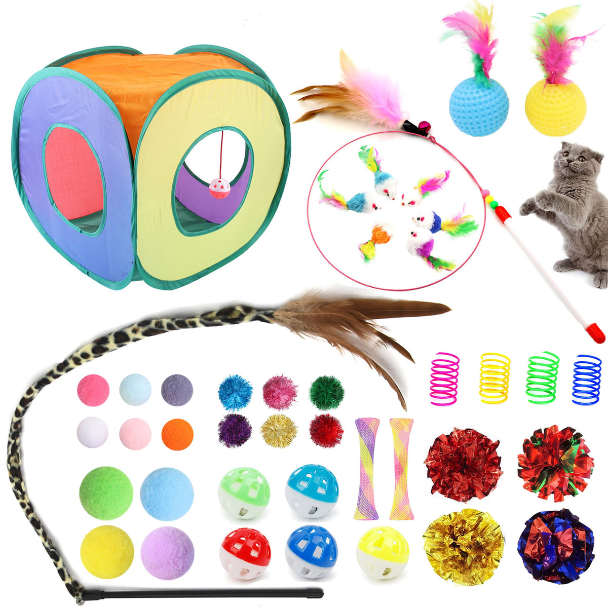 POSAPET Cat Kitten Toys for Indoor Cats 42 PackInteractive Kitten Cat Toy Set with Collapsible Cat Tunnel Tube Tent Cat Kitten Feather Wand Teaser with Bell