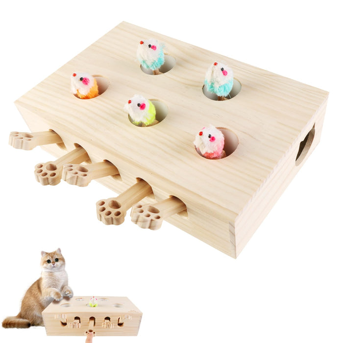 5 Holes Whack a Mole Cat Toy Wooden Cat Toy Whack-a-Mole 3-in-1 Cat Scratcher and Toy for Indoor Outdoor Cat Pop Up Toy Interactive Cat Toys Cat Games for Kitten Adult Cats