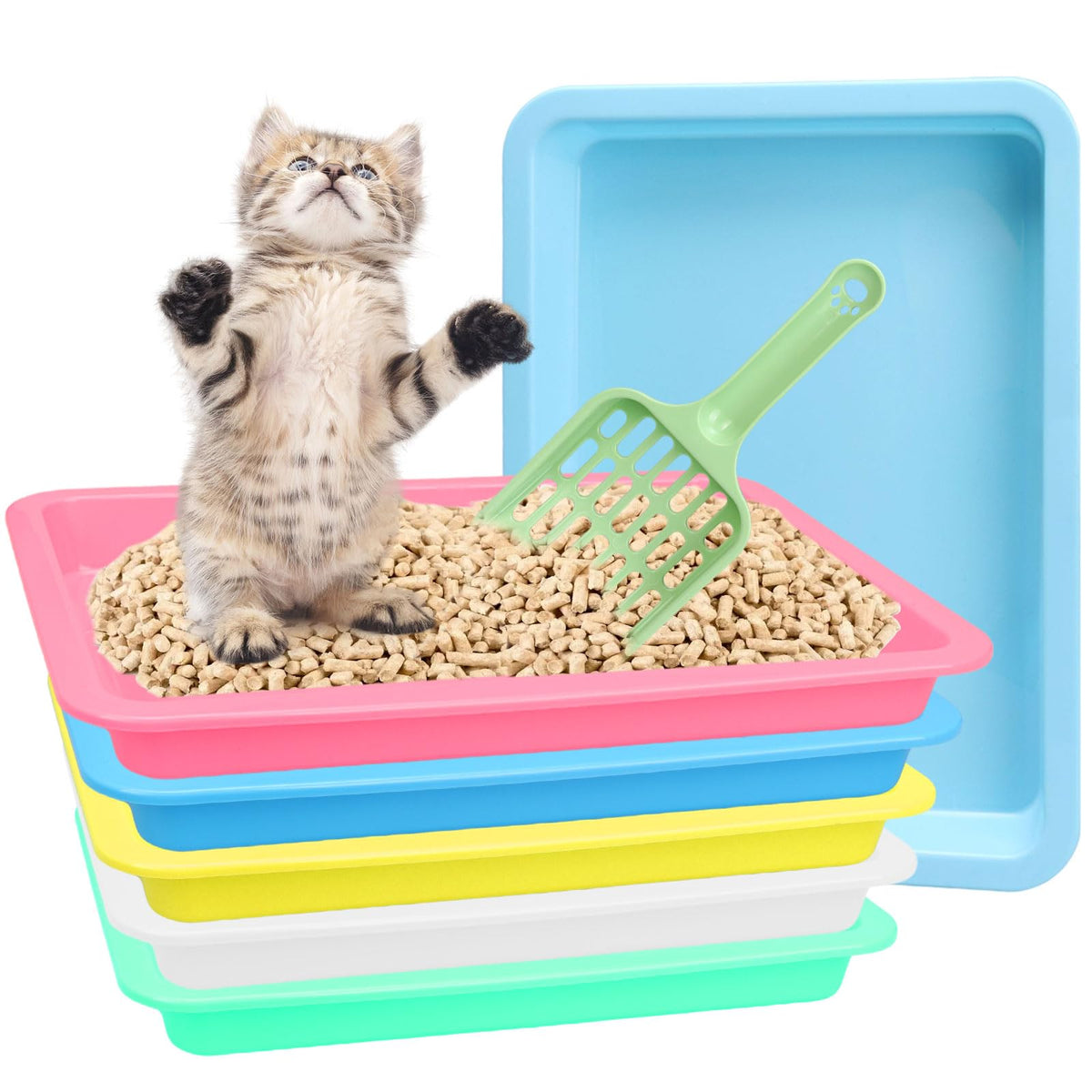 FWUNYVN 7Pcs Kitten Litter Box Set Cats Litter Box with Kitten Litter Scoop Low Entry Litter Boxes for Kittens Plastic Portable Shallow Litter Pan for Rabbit Guinea Pig Hamster