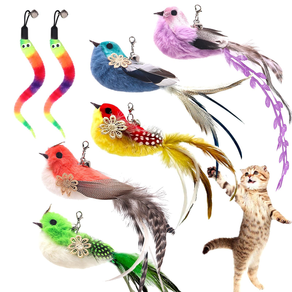 FUNCREVITY Cat Feather Toys Replacement Cat Toy Wand Refills Flying Bird Cat Toy Interactive Cat Toys for Indoor Cats Cat Wand Attachments (7 Pack)